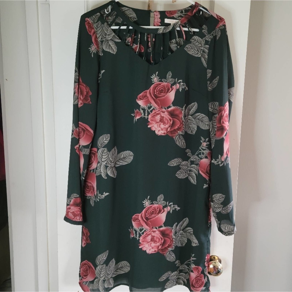 Skies Are Blue Dk Green Chiffon Floral Shift Dress
